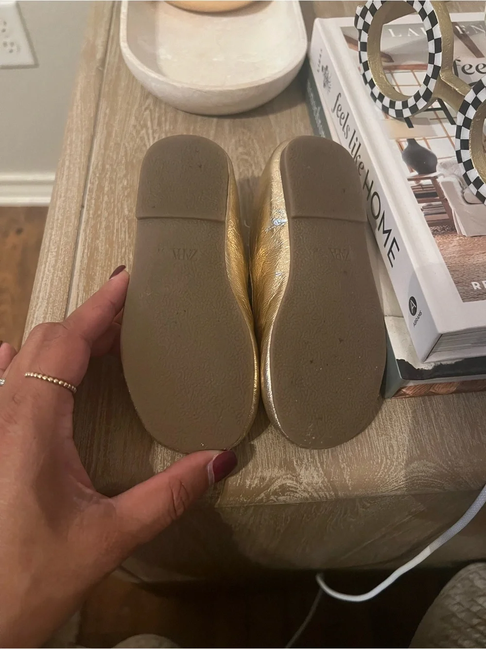 Zara Girls Metallic Gold Bow Mary Jane Flats